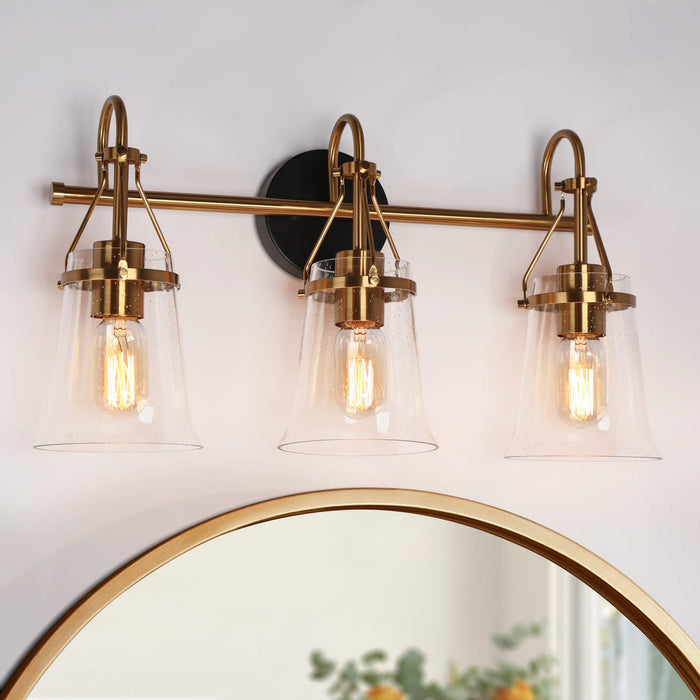 Auisre 3-Light Gold Seeded Glass Cone Vanity Light