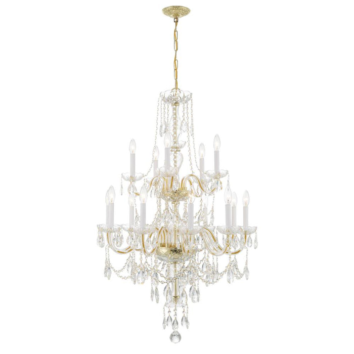 Traditional Crystal 15 Light Hand Cut Crystal Polished Brass Chandelier