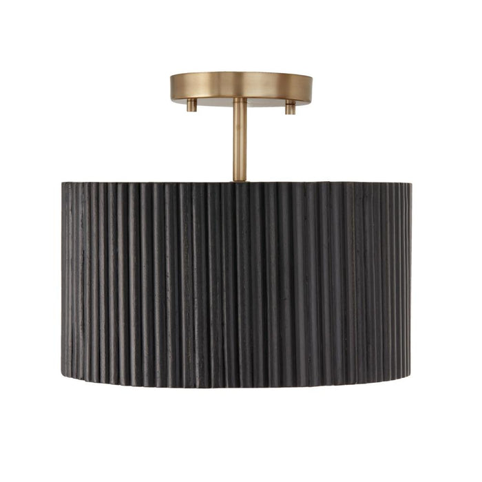 1-Light Semi-Flush Pendant in Matte Brass and Handcrafted Mango Wood in Black Stain