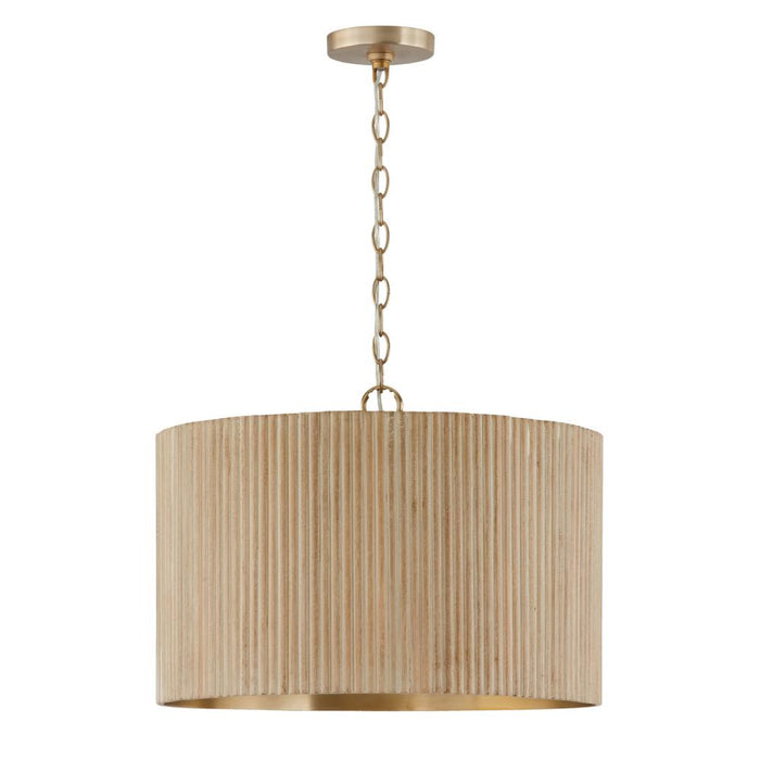 3-Light Pendant in Matte Brass and Handcrafted Mango Wood in White Wash