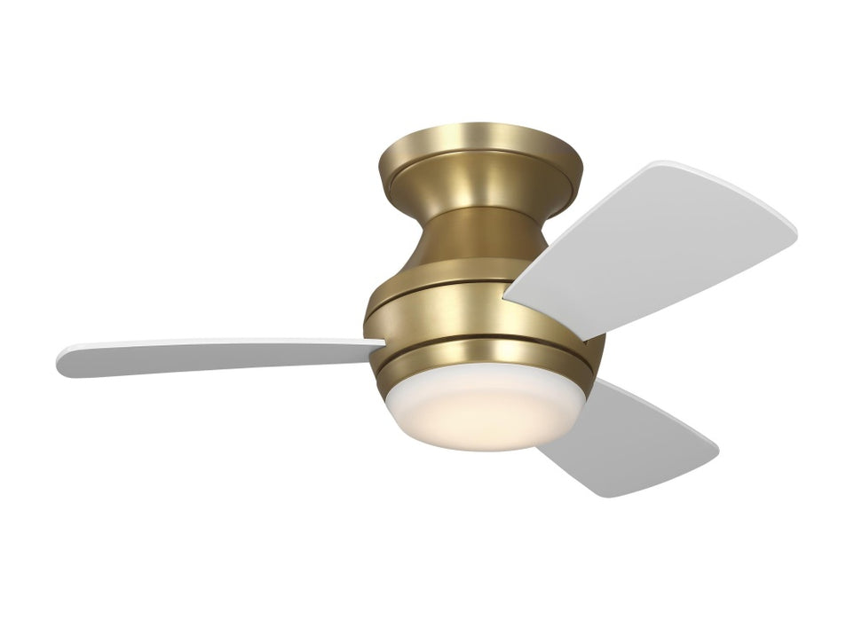 Ikon 32 Hugger LED Ceiling Fan in Burnished Brass with Matte White Blades and Light Kit