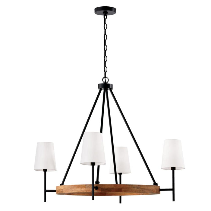 4-Light Chandelier in Matte Black and Mango Wood with Removable White Fabric Shades