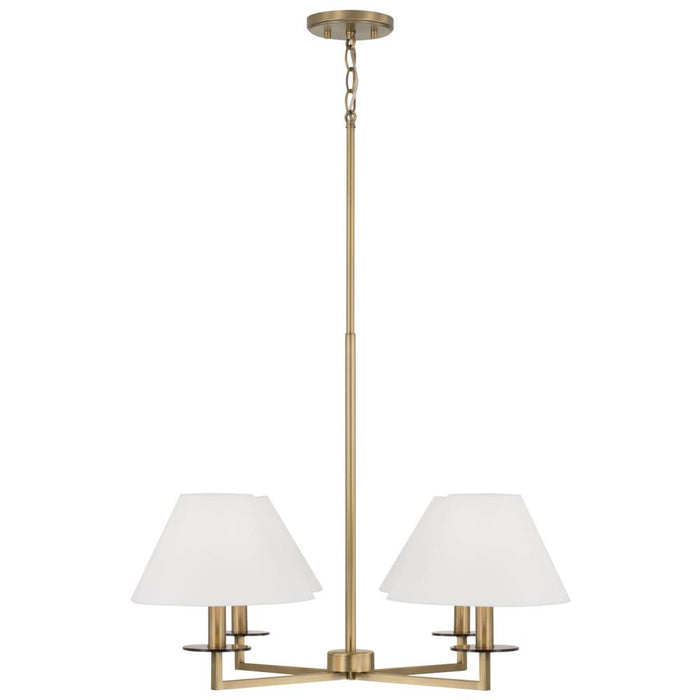 4-Light Chandelier in Aged Brass with White Fabric Stay-Straight Shades