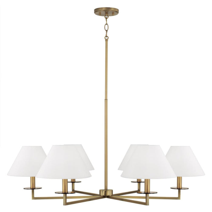 6-Light Chandelier in Aged Brass with White Fabric Stay-Straight Shades