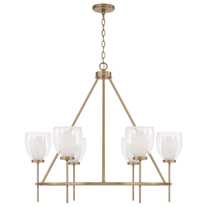6-Light Ring Chandelier in Aged Brass with Layered White and Clear Glass