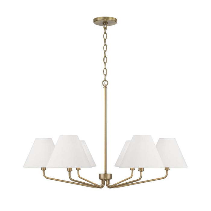 6-Light Angular Chandelier in Aged Brass with Tapered White Fabric Shades