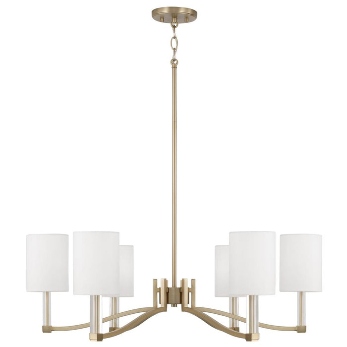 6-Light Chandelier in Matte Brass with Clear Acrylic Accents and Cylindrical White Fabric Shades
