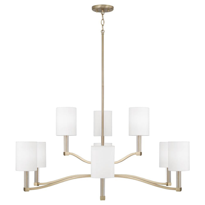 9-Lt Two-Tier Chandelier in Matte Brass w/ Clear Acrylic Accents and Cylindrical White Fabric Shades
