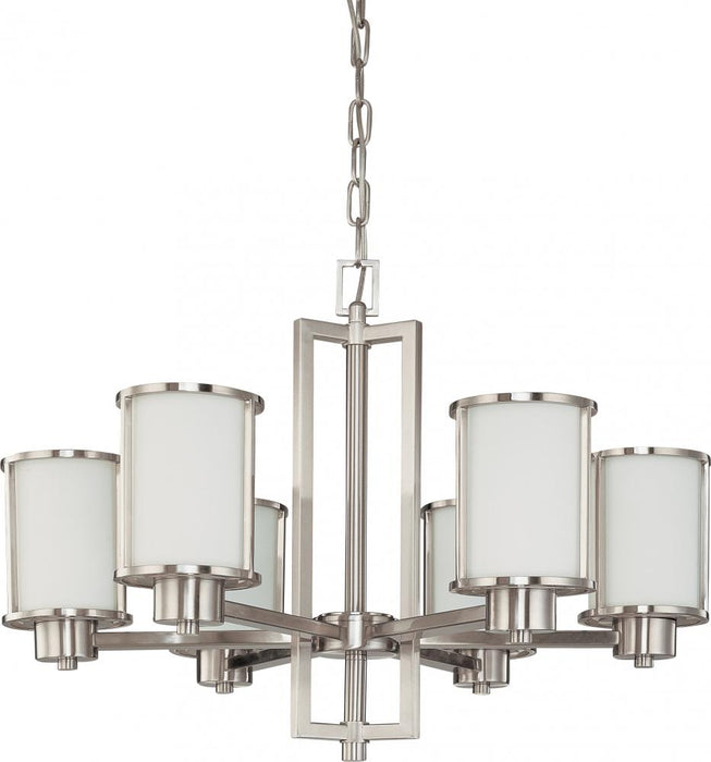 Odeon - 6 Light (convertible up with down) Chandelier with Satin White Glass - Brushed Nickel Finish