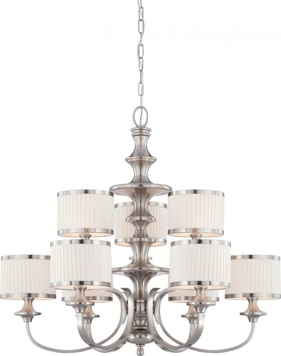 Candice - 9 Light Chandelier with Pleated White Shades - Brushed Nickel Finish