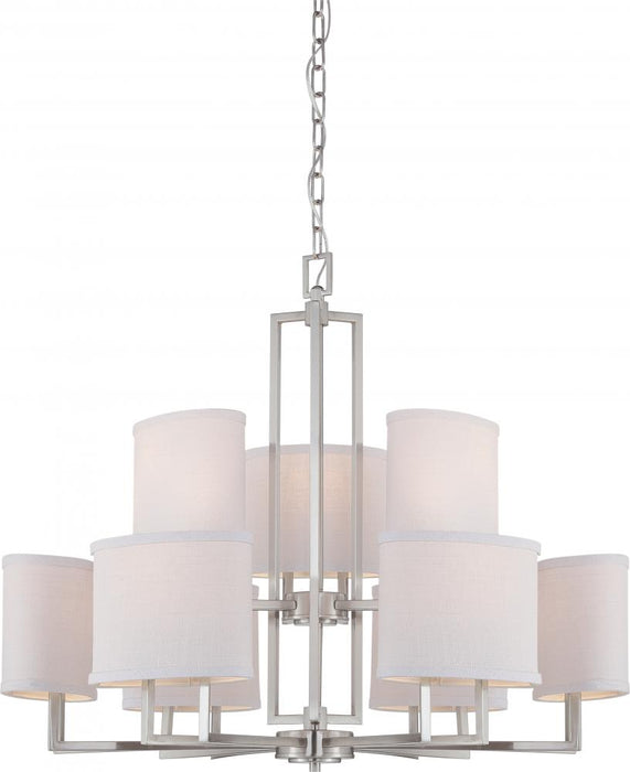 Gemini - 9 Light Chandelier with Slate Gray Fabric Shades - Brushed Nickel Finish