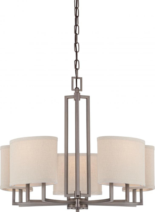 Gemini - 5 Light Chandelier with Khaki Fabric Shades - Hazel Bronze Finish