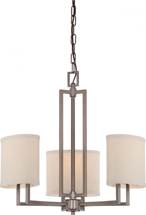 Gemini - 3 Light Chandelier with Khaki Fabric Shades - Hazel Bronze Finish