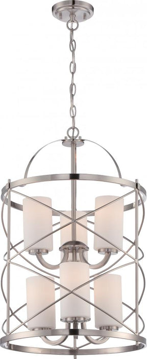 Ginger - 6 Light 2 Tier Chandelier with Satin White Glass - Brushed Nickel Finish