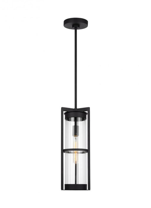 Alcona transitional 1-light LED outdoor exterior pendant lantern in black finish with clear fluted g