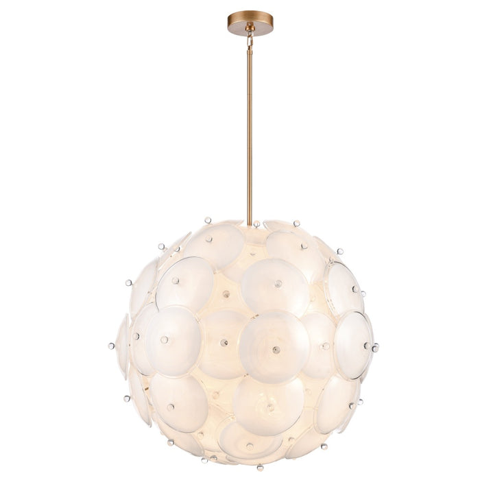 38" Tallulah Pendant in Lacquered Gold with White Swirl Glass with clear edging