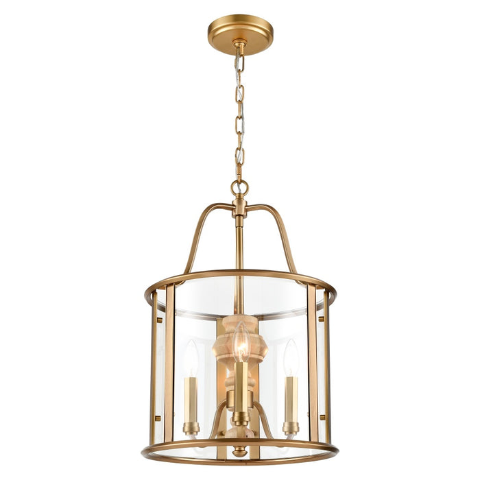 21" French Country Landern Pendant in Natural Brass with Natural Solid Wood Center Column