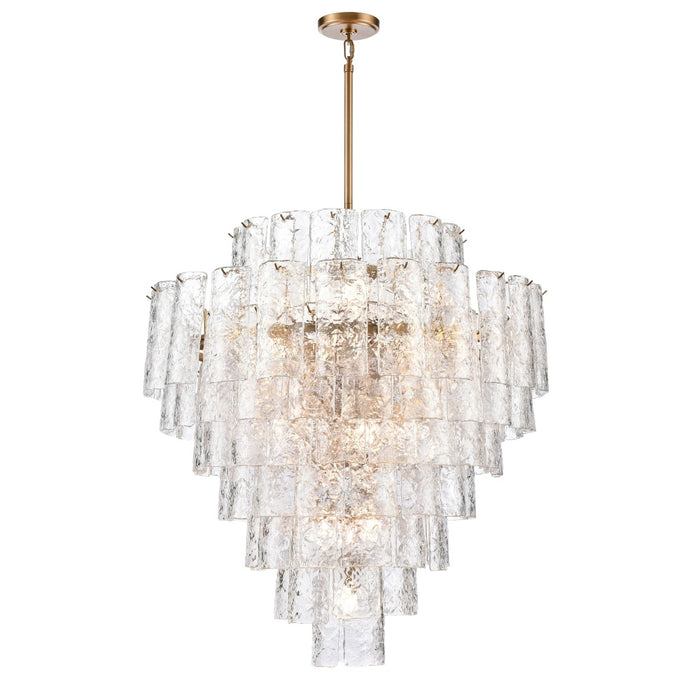 37" Fire and Ice Chandelier in Lacquered Gold with textured Clear Glass