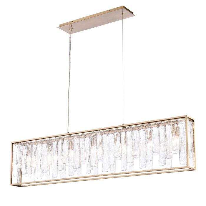49" Boundaries Linear Chandelier in Lacquered Gold with Clear Textured Glass Strips