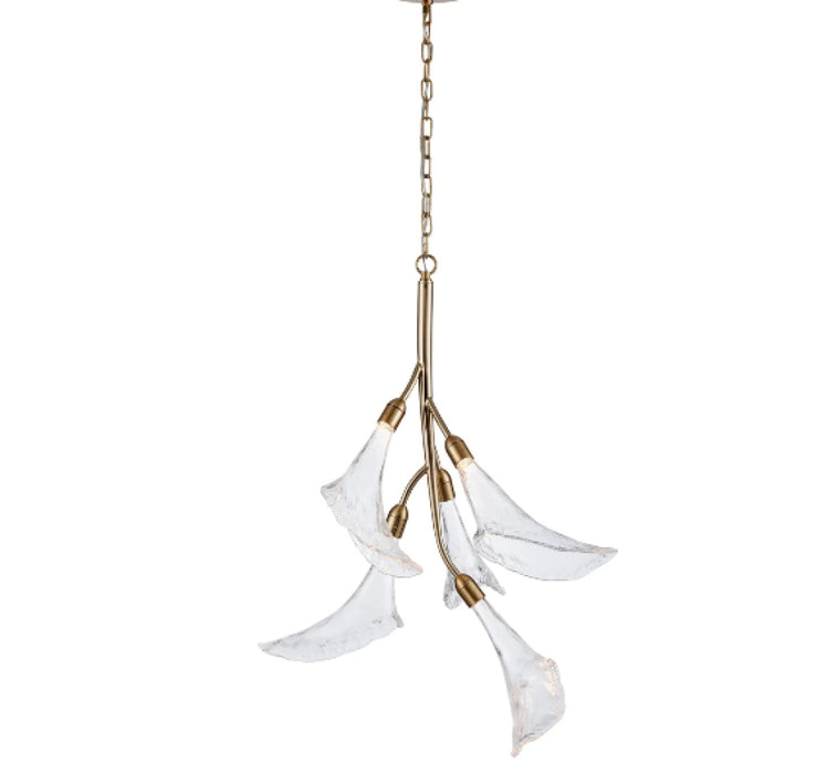 33" Calla Chandelier in Natural Brass with Clear Hand-formed glass flowers
