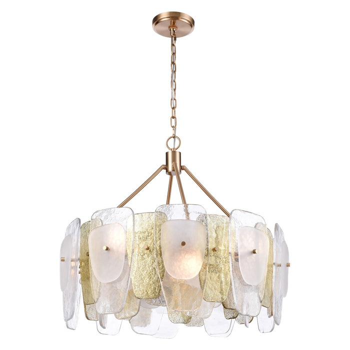 29" Strata Chandelier in Lacquered Gold with Layers of clear, frosted, and gold-leafed glass