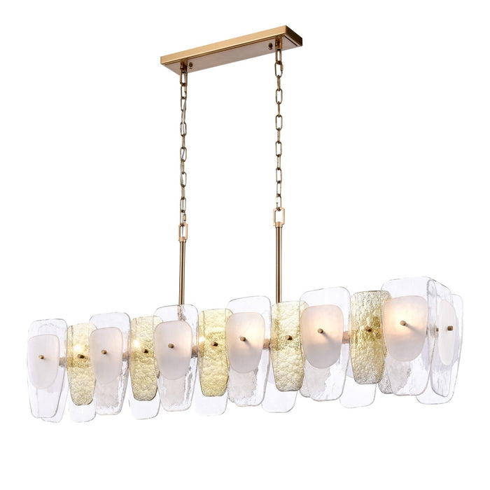 53" Strata Linear Chandelier in Lacquered Gold with Layers of clear, frosted, and gold-leafed gl