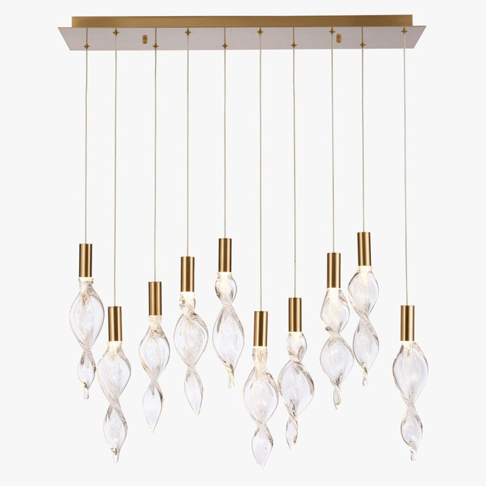36" Aurora Linear Pendant in Natural Brass With Clear hand-formed corkscrew glass