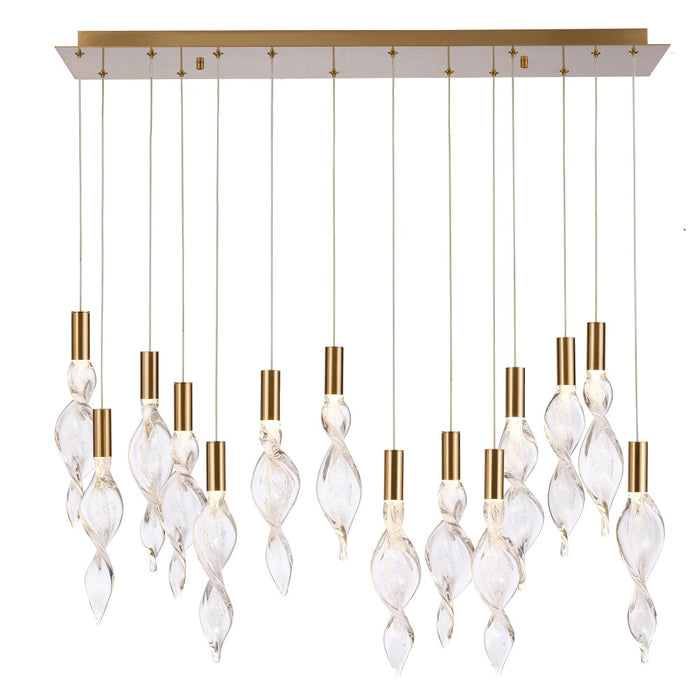 50" Aurora Linear Pendant in Natural Brass With Clear hand-formed corkscrew glass