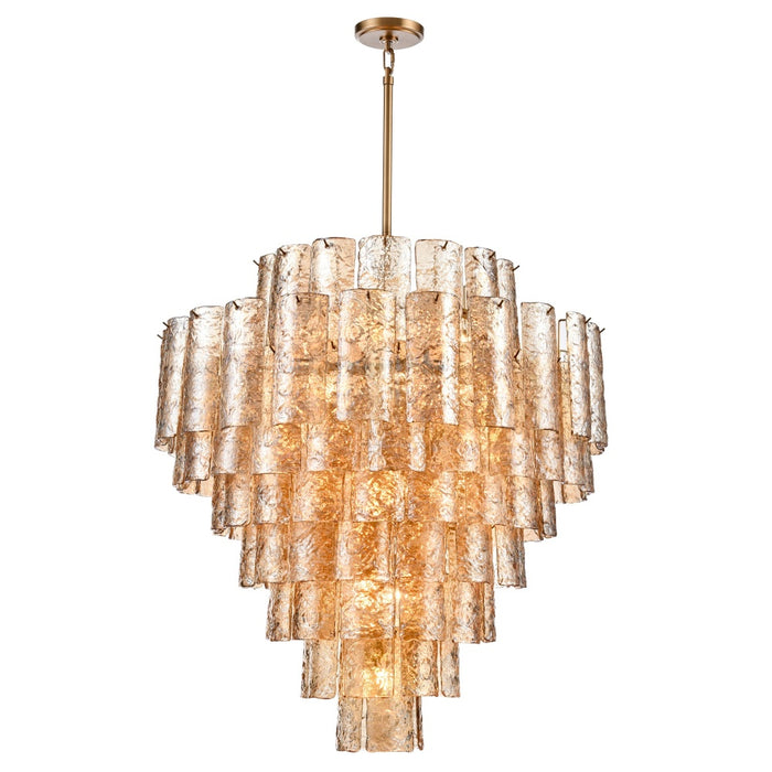 37" Fire and Ice Chandelier in Lacquered Gold with textured Champagne Glass