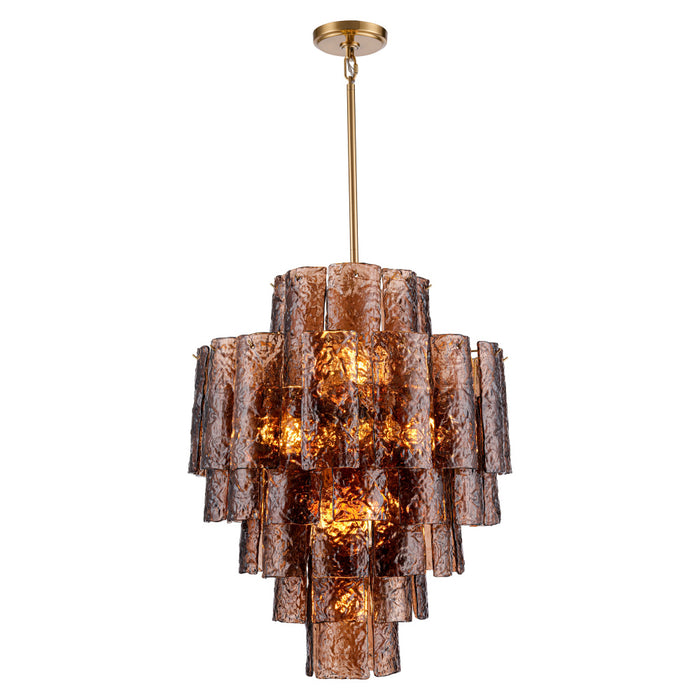 29" Fire and Ice Chandelier in Lacquered Gold with textured Dark Amber Glass