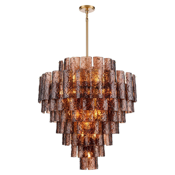 37" Fire and Ice Chandelier in Lacquered Gold with textured Dark Amber Glass