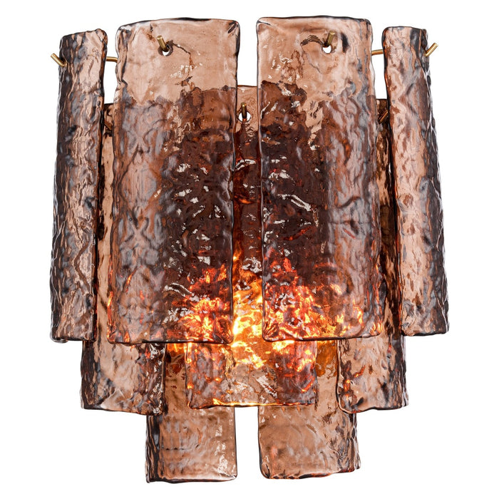 13" Fire and Ice Wall Sconce in Lacquered Gold with textured Dark Amber Glass