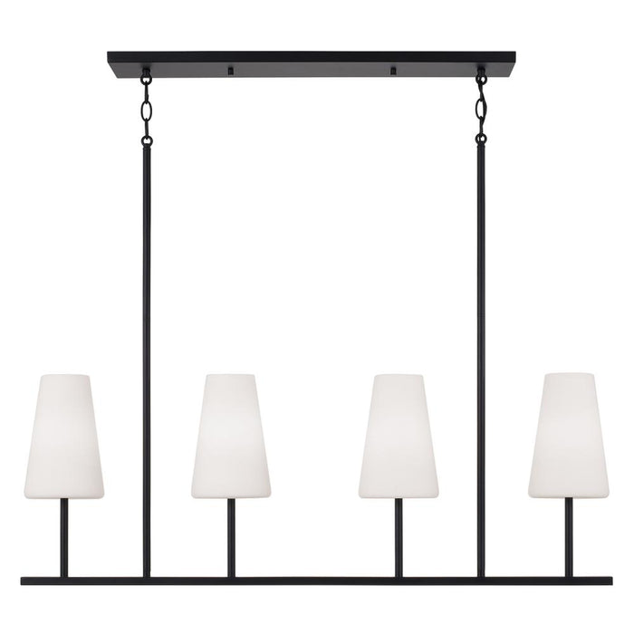 4-Light Modern Linear Chandelier in Matte Black with Tapered Soft White Glass