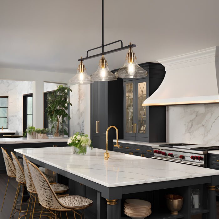 Tencan 3-Light Black And Brass Seeded Glass Island Light