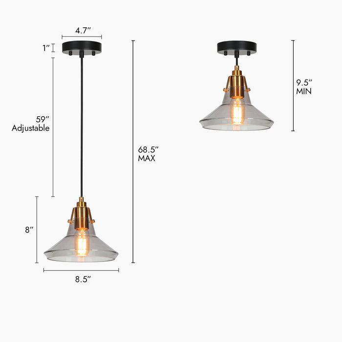 Tencan 1-Light Black and Brass Glass Cone Pendant Light