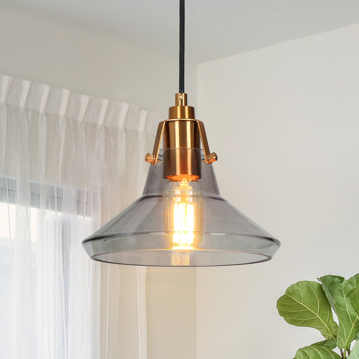 Tencan 1-Light Black and Brass Glass Cone Pendant Light