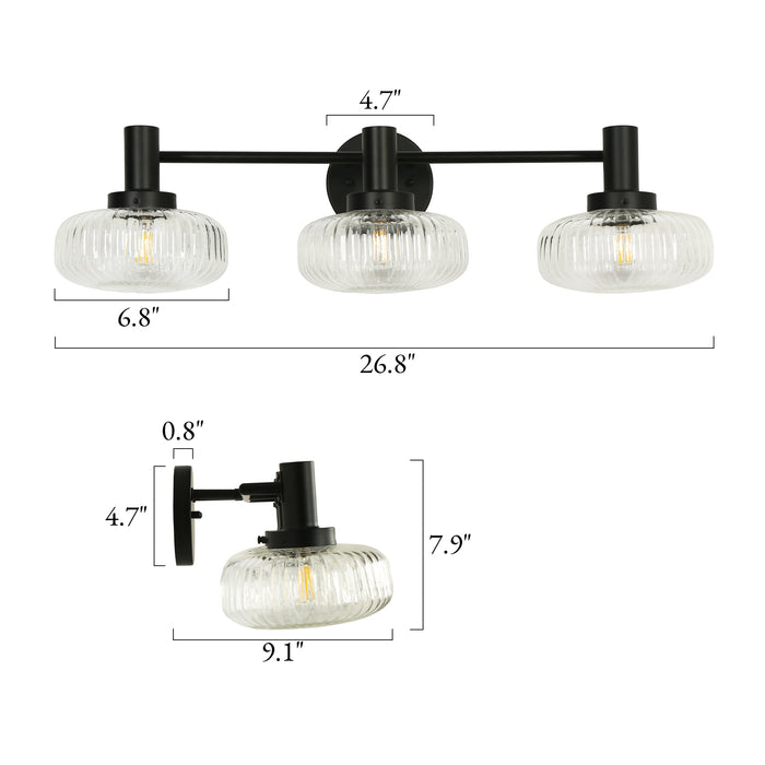 Melora 3-Light Black Linear Globe Textured Glass Bathroom Vanity Light