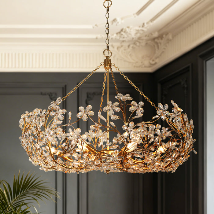 Viora 12-Light Gold Floral Crystal Chandelier with Gold Leaf Accents