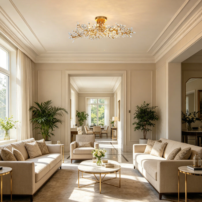 Viora 8-Light Gold Floral Crystal Semi-flush Mount Gold Leaf Ceiling Light