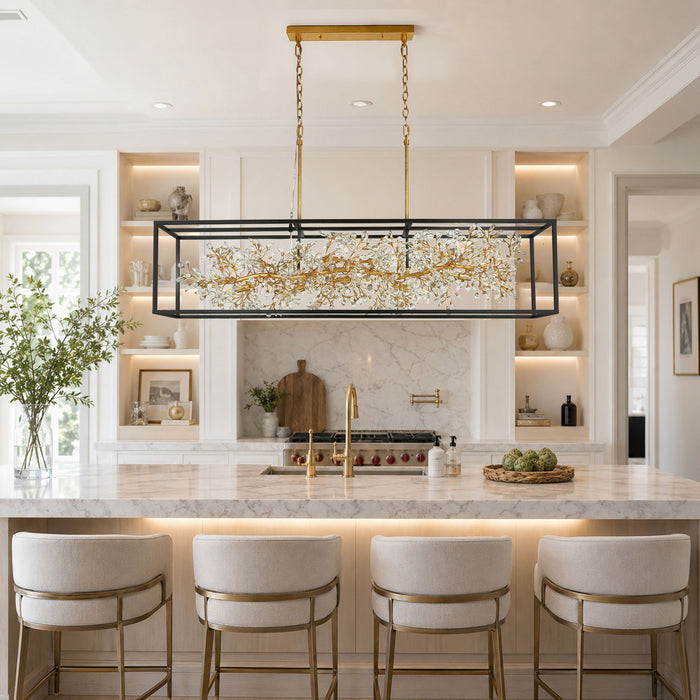 Viora 9-Light Gold Floral Crystal Chandelier Linear Island Light