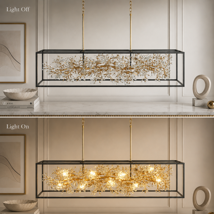 Viora 9-Light Gold Floral Crystal Chandelier Linear Island Light