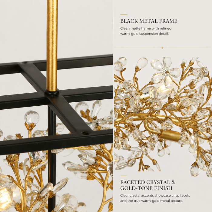 Viora 9-Light Gold Floral Crystal Chandelier Linear Island Light