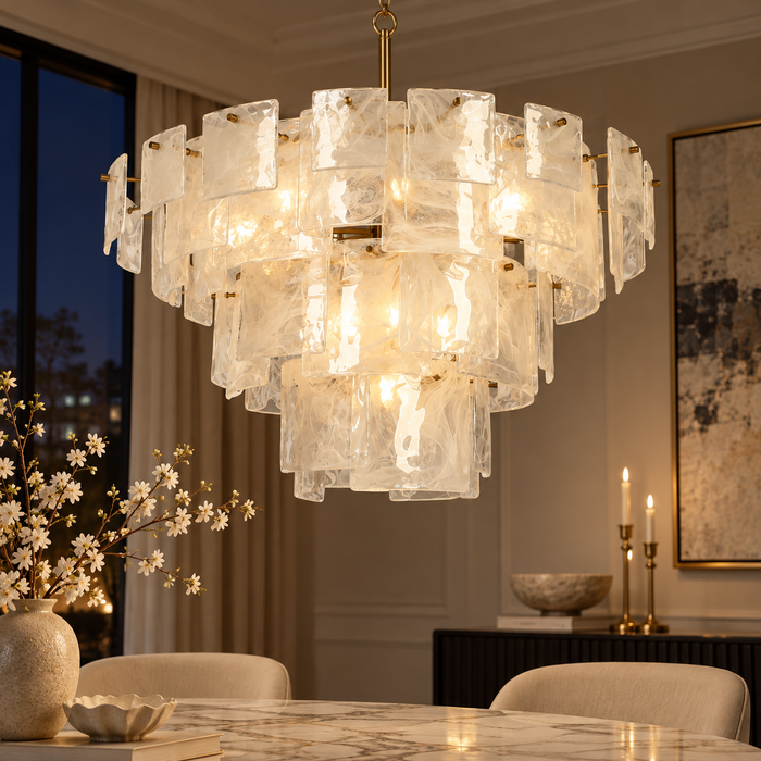 Rivora 13-Light Brass Empire Tiered Chandelier with Opal Glass Shade