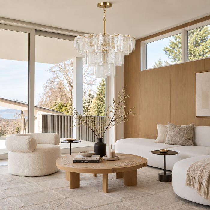 Rivora 13-Light Brass Empire Tiered Chandelier with Seeded Glass Shade