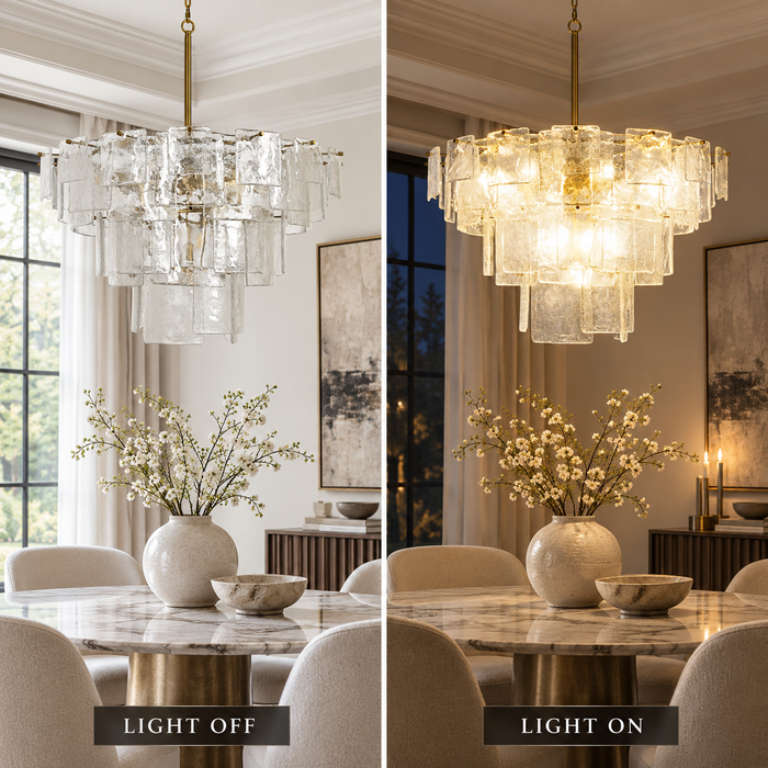 Rivora 13-Light Brass Empire Tiered Chandelier with Seeded Glass Shade