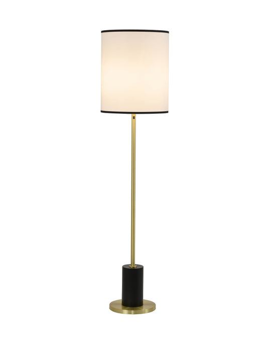 2-Light Black And Satin Brass Floor Lamp With A White Linen Shade
