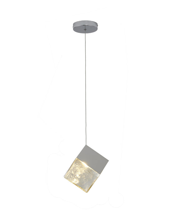 1-Light Chrome Cubed Pendant With A Clear Distorted Glass Shade