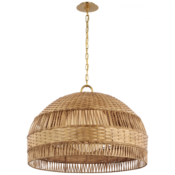 White Extra Large Dome Hanging Shade in Soft Brass and Natural Wicker