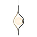 Modern black and gold pendant light with a teardrop-shaped frame surrounding a frosted globe shade, sleek and stylish.