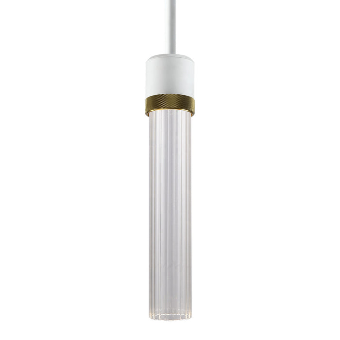 Zigrina 12" Fluted Glass LED Pendant in White and Brass Knurled Ring
